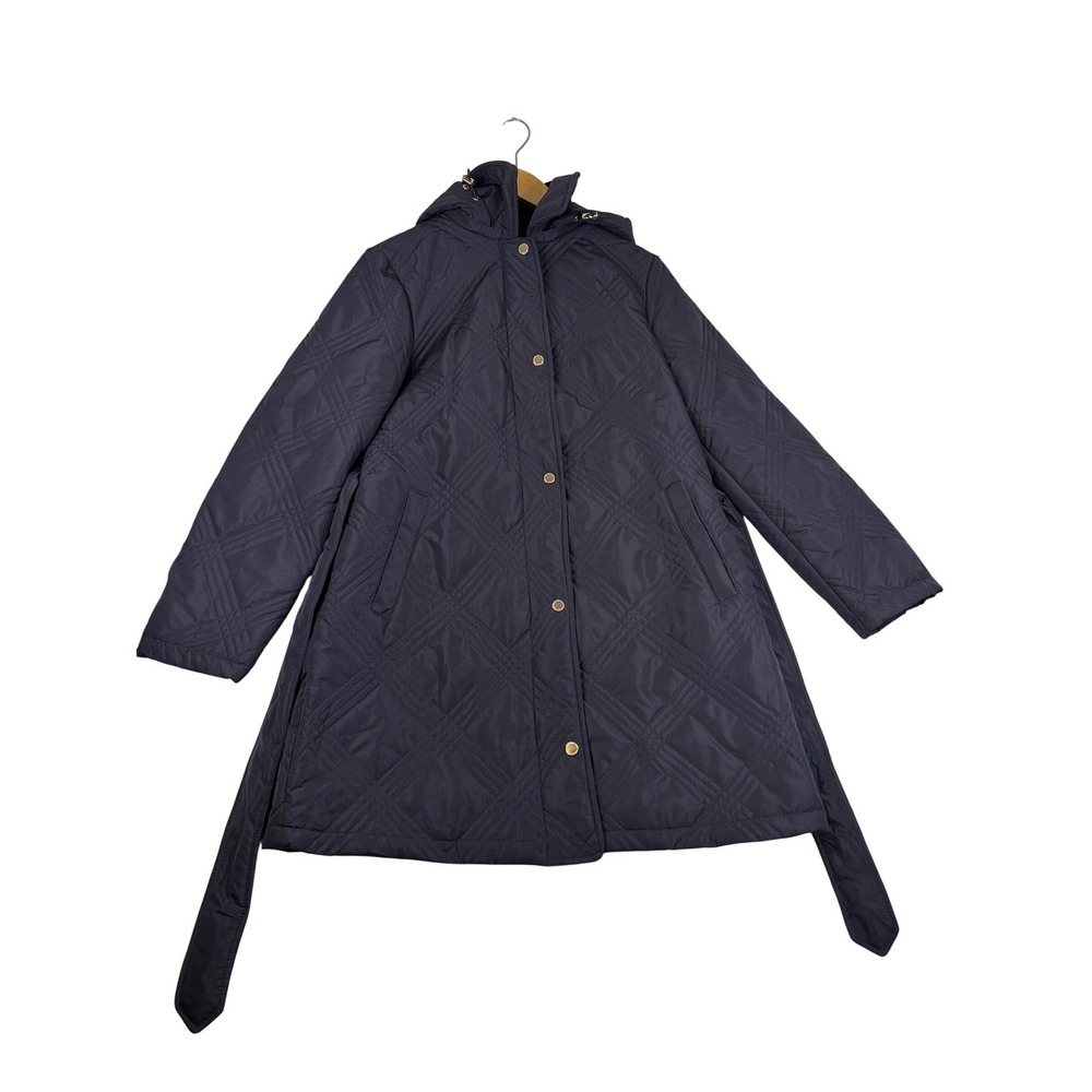 Jones New York Navy Blue Quilted Hooded Belted Jacket Coat Womens Medium 1893564